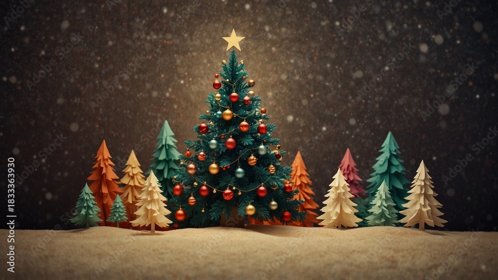 Obraz premium Decorated Christmas tree with colorful trees in snowy landscape