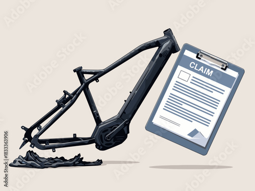 A black Galachay e-bike frame rests on a clipboard with a ?CLAIM? form. The image is a stylized illustration with a dark, modern aesthetic. Suitable for tech, cycling, and repair themes.