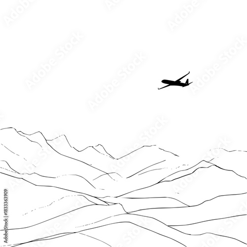 Airplane silhouette flying over a mountain range with a minimalist black and white line drawing style
