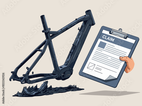 A bicycle frame lies on a muddy surface with a clipboard displaying a claim form. The image is a stylized illustration, conveying a sense of damage and documentation. Modern, graphic style.