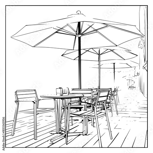Outdoor cafe scene featuring tables chairs and umbrellas in a black and white sketch style drawing art