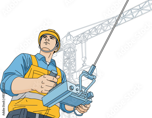 A construction worker operates a crane control, overseeing heavy lifting. Dynamic composition, showcasing safety and skill. Professional, industrial setting.