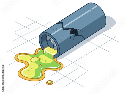 A damaged battery leaks corrosive fluid, creating a messy spill. The illustration highlights a leak with a clear visual impact. Suitable for conveying issues, warnings, or technical problems.