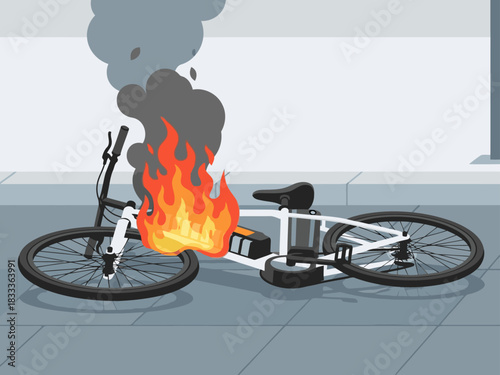 destroyed electric bicycle bursts into flames creating a dramatic and impactful image The scene highlights a collision and showcases intense heat and destruction