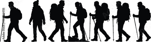 Collection of Hiking Silhouettes Backpackers Walking with Trekking Poles Carrying Large Packs Outdoor Adventure Travel Tourism Nature Exploration Activity Vector.