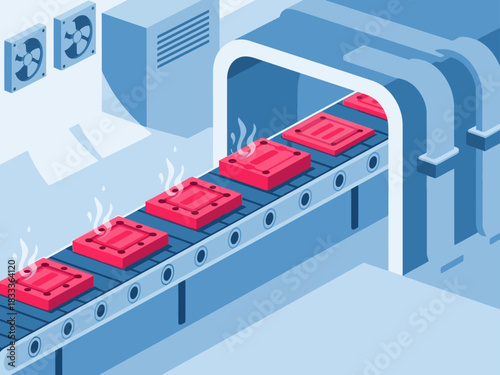 Industrial cooling system efficiently cools red components on a conveyor belt. Modern, blue and grey color scheme. High-tech, detailed illustration.