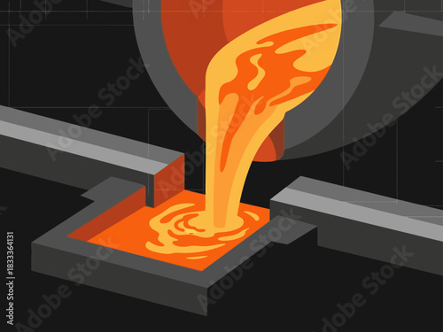 Molten metal flows into a mold, showcasing fluid dynamics. A dynamic, orange graphic with a dark background highlights the process. Ideal for science, engineering, or industrial themes.