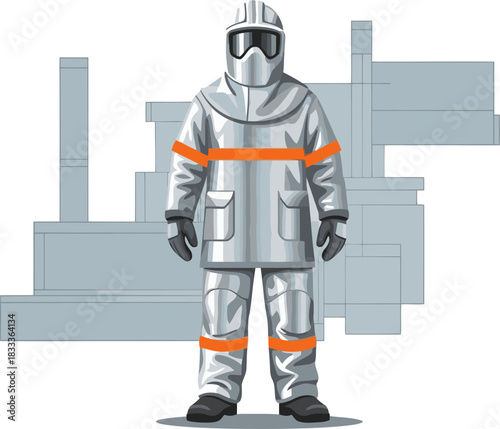 professional firefighter stands in full protective gear showcasing extreme protection Bold orange accents highlight the suit against a modern industrial background