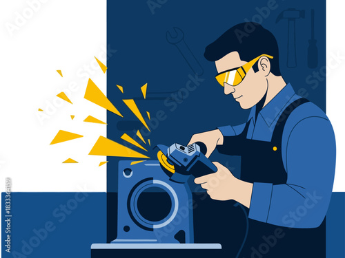 A skilled mechanic refines parts with a grinder, surrounded by tools. Dynamic explosion effect adds energy. Modern, industrial style.