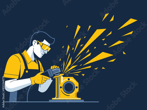 A skilled mechanic refines metal parts with a cutting tool, creating sparks. Dynamic composition with a focused worker and energetic background. Industrial, modern, and professional.