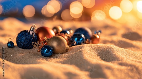 Wallpaper Mural Holiday ornaments scattered on sandy beach with sunset background Torontodigital.ca
