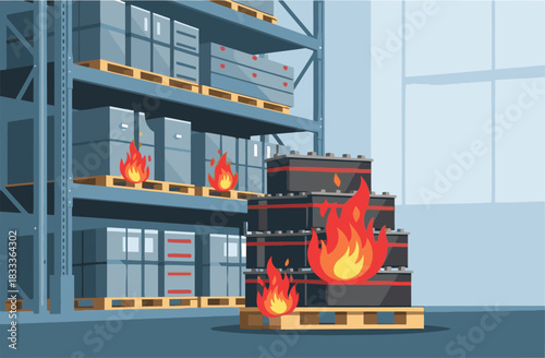 Warehouse emergency! Flames engulf pallets, creating a dramatic and urgent scene. High contrast, bold colors, and a clear composition make this image ideal for commercial use.