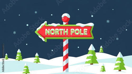 Festive North Pole sign with snow-covered trees, perfect for holiday promotions, Christmas cards, and winter wonderland events, a magical and fun design