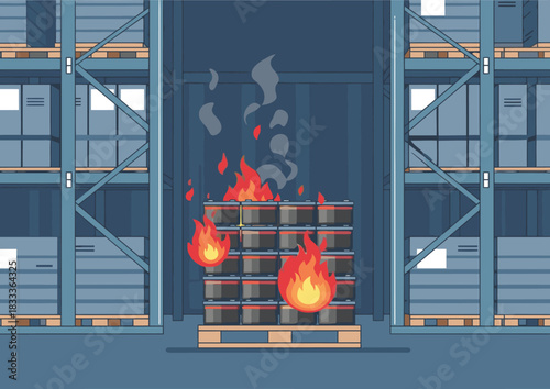 Warehouse fire! Flames engulf pallets of batteries. Dramatic emergency scene with a clear warning sign. High contrast, impactful visual.