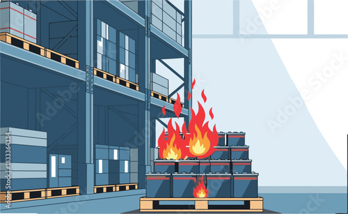Warehouse emergency! Flames engulf pallets, creating a dramatic and urgent scene. High contrast, bold colors, impactful visual for safety awareness.