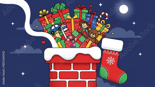 Holiday cheer overflows from the chimney, gifts galore, Christmas joy fills the air, stocking hanging with anticipation, a magical night unfolds, celebration