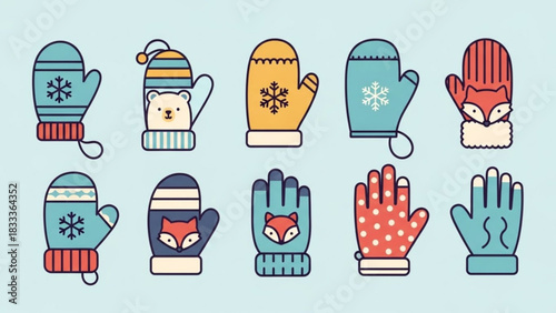 Whimsical winter mittens with snowflakes and animal designs for kids apparel and cozy seasonal decor, originally a scalable vector graphic