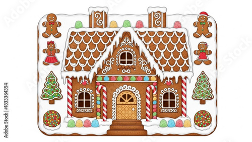 Festive gingerbread house illustration with candy canes and gingerbread people, perfect for holiday cards and Christmas baking projects, scalable vector