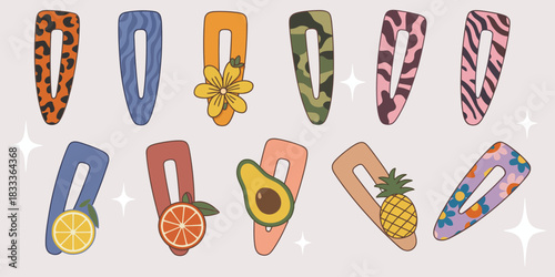 hairpin for girl, hair accessories icon doodle, hairstyle from hairdresser, beautiful childish fashion, woman tidy decoration, flowers and fruits, plastic comb, vector design for hairdressing projects