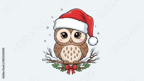 Adorable festive owl wearing a Santa hat perched on a snowy branch, ready for holiday cheer and cute winter greetings from this originally scalable vector