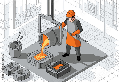 A worker pours molten metal into a mold during precision casting. The scene showcases industrial manufacturing with a focus on detail and quality.  Clear composition and professional setting.