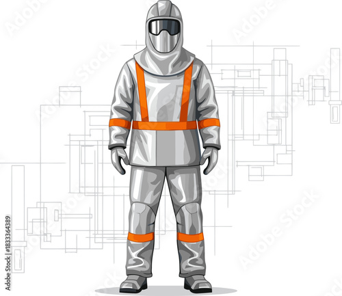 worker wears an extreme protection suit standing against a circuit board background  High-contrast professional and visually striking Suitable for industrial safety and technology themes