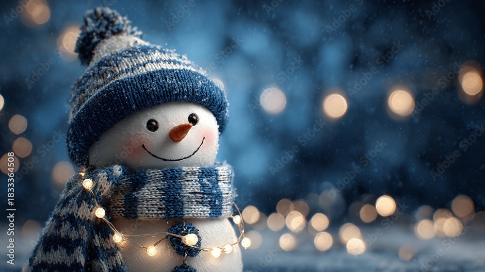 Obraz premium Cheerful snowman with a blue knit hat and scarf, illuminated by soft fairy lights against a snowy, bokeh-filled background, perfect for winter and holiday themes.