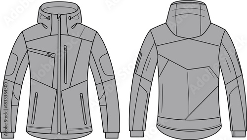 Jacket, vector, illustration, sketch, outline, fashion, gear, durable, ergonomic, layout, design, zipper, protection, accessory, hooded, reinforced, technical, pocket