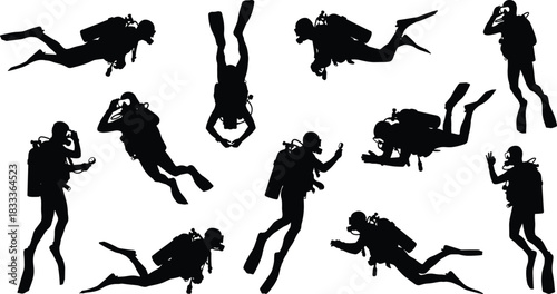 Collection of Scuba Diver Silhouettes in Dynamic Swimming Poses Underwater Exploration Equipment Diving Sport Deep Sea Ocean Water Adventure Recreation Vector.