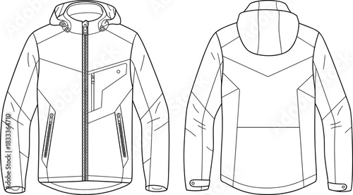 Jacket, vector, illustration, sketch, outline, fashion, gear, durable, ergonomic, structured, silhouette, layout, equipment, design, protection, accessory, hooded
