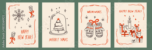 Set of Merry Christmas and Happy New Year greeting cards. Hand drawn doodle whimsical xmas prints, posters, celebration party invitations with Christmas tree, gifts, champagne, mittens