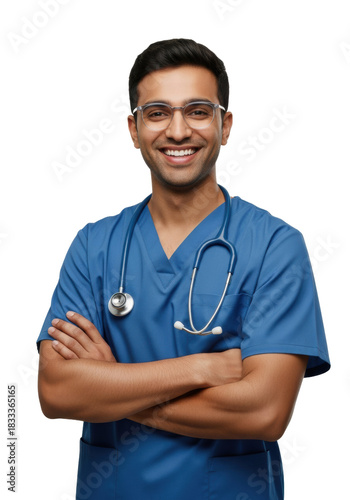 young indian male doctor in azure surgical scrubs, clear glasses, and silver stethoscope, arms crossed, smiling warmly, isolated on pure white high-key background, concept of approachable healthcare