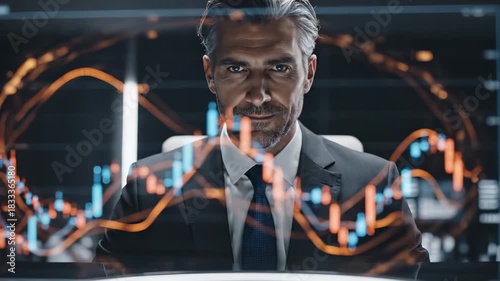 Caucasian man watching stock market data with rising graph, digital financial analysis for investment and business