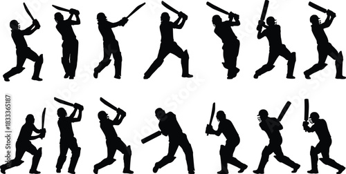 Collection of Cricket Batsman Silhouettes Striking Various Dynamic Poses Action Sport Concept Game Player Batting Technique Stance Professional Athletic Contest Championship.