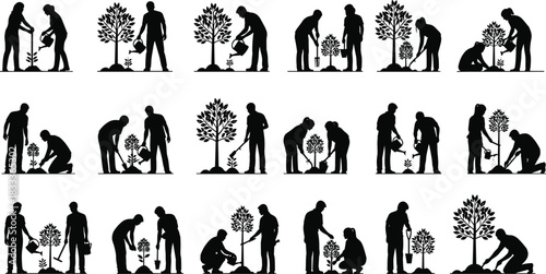 Tree, planting, silhouette, environment, care, nature, growth, watering, shovel, sapling, teamwork, nurturing, green, ecology, people, sustainability, garden, reforestation, climate, action