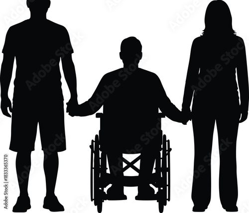 Inclusive, diverse, silhouette, wheelchair, support, friendship, accessibility, unity, caring, people, y