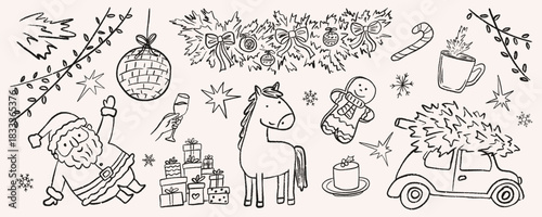 Doodle Christmas elements like Santa, cute horse, car carrying a Xmas tree and many gifts. Festive garlands and branches decorating the scene. A gingerbread cookie, a mug with a hot drink, a cake, and