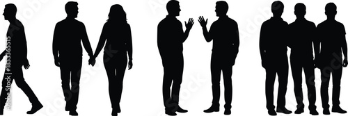 Social interaction silhouette, walking, conversation, companionship, group dynamics, black vector, people poses, isolated, relationship, communication, expressive
