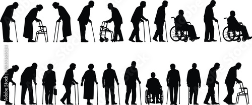 Elderly silhouette, mobility aids, wheelchair, cane, walker, aging diversity, black vector, senior care, healthcare, isolated, inclusive, support