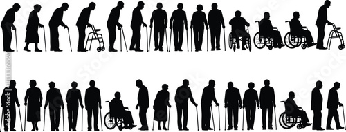 Elderly silhouette, mobility aids, wheelchair, cane, walker, aging diversity, black vector, senior care, healthcare, isolated, inclusive, support