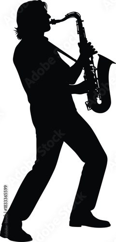 Saxophone player silhouette, music performance, dynamic pose, black vector, jazz art, musician, standing figure, isolated, expressive, concert
