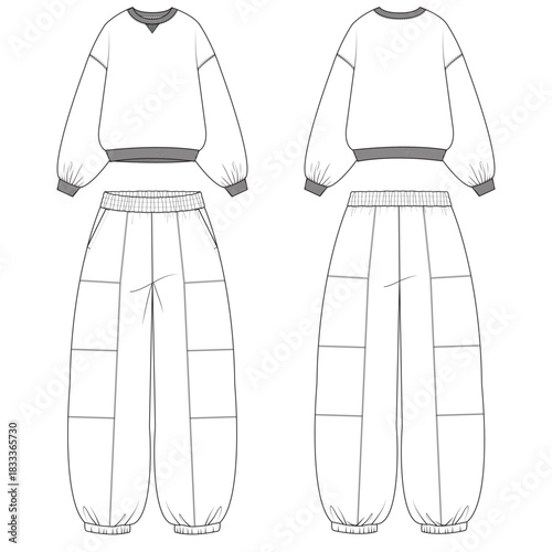 Loose-Fit Sweatpants and Oversized Sweatshirt — Technical Flat Sketches, Top-Stitch Lines  and Complete CAD Drawing Template (Slant Pockets)