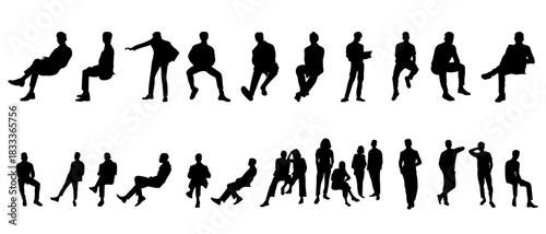 A versatile collection of sitting and standing people silhouettes in dynamic, natiral poses. Ideal for architectural plans, public space concepts, infographics and modern design projects.