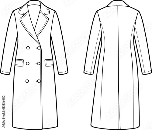 Fashion flat sketch of a double-breasted trench coat front and back views drawing technical
