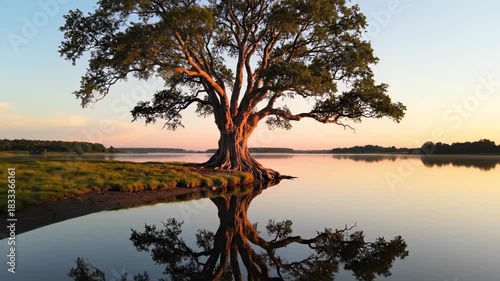Old oak tree with reflective water as sun rises and sets over tranquil landscape. Nature background for peace and growth concept.