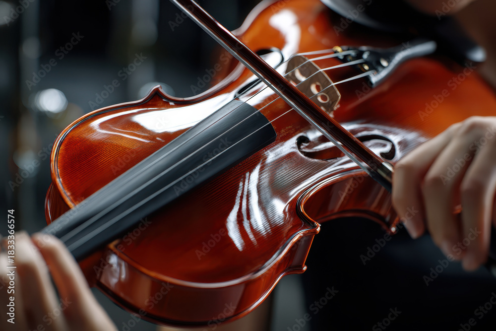 Fototapeta premium Violin performance during a concert in a lively indoor setting on a summer evening