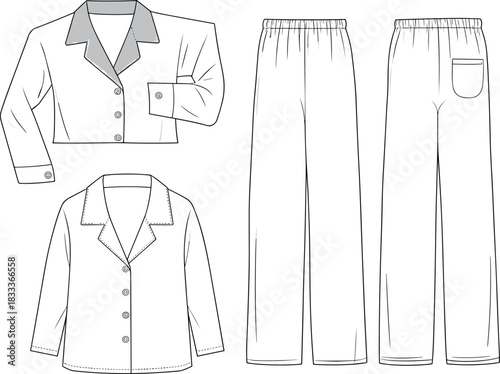 Flat sketch of women's pajamas with cropped top and pants front and back views sleepwear loungewear