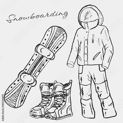Hand drawn snowboarding accessories: board, boots, outfit, ideal for winter sport visuals. Vector sketch illustration in vintage crayon charcoal style. Winter sports, ski resort equipment