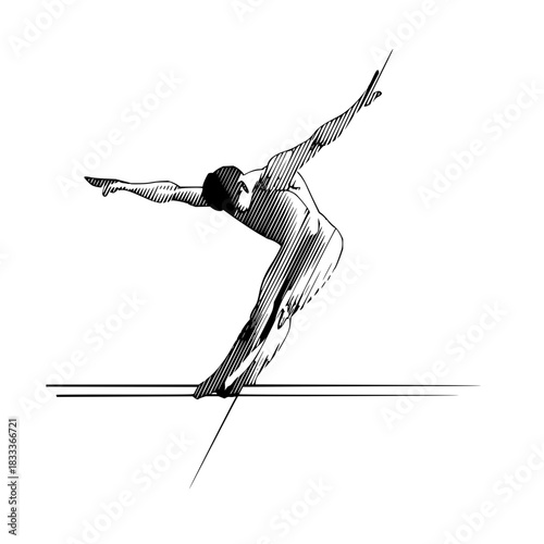 Illustration of a gymnast performing a balance beam routine with arms extended in black and white style
