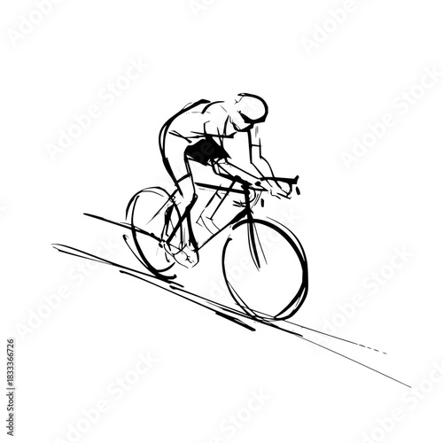 A sketch of a cyclist riding a bicycle downhill with speed lines indicating motion and a white background